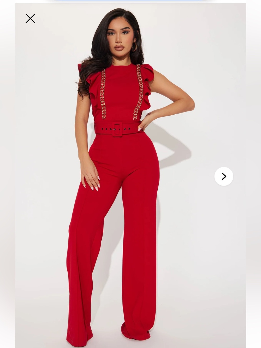 Fashion Nova Red Wide-Leg Belted Jumpsuit with Gold Chain Trim